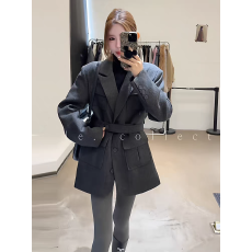 批发韩版高级感收腰<b class='q'>翻领</b>毛呢西装外套女2025冬季新款气质加厚夹棉大衣