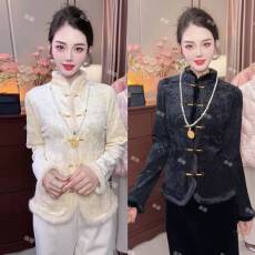 批发新中式毛边加绒加厚长袖打底衫2025新年拜年服战袍保暖上衣