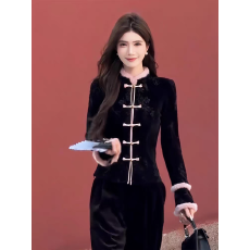 批发2025秋冬新款新中式国风浮雕提花毛毛边加厚保暖丝绒上衣