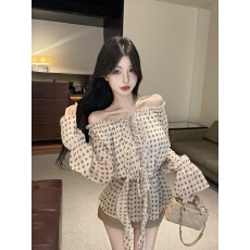 批发<b class='q'>实拍</b>温柔一字肩<b class='q'>衬衫</b>女抽褶系带长袖雪纺衫上衣