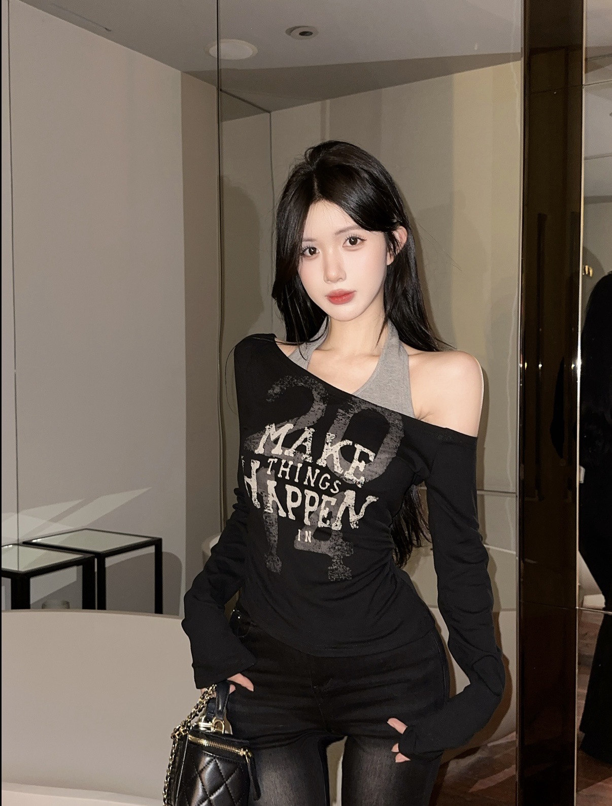 실사 순수한 욕망 달콤한 핫걸 프린트 불규칙 행침 목 기본 셔츠 페이크 레이어드 긴팔 맨위