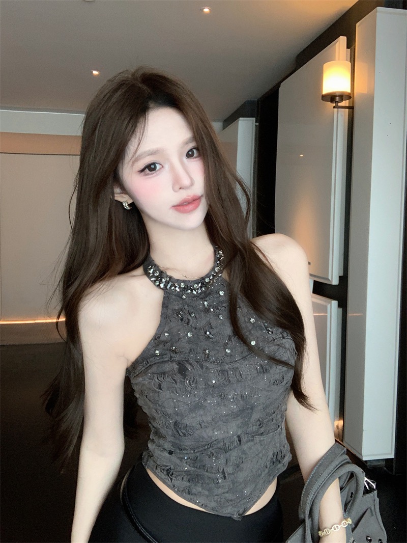 실사 레트로 핫걸 홀치기 염색 행침 목 무거운 작업 다이아몬드 세팅 디자인 센스 슬림해 보이는 다용도 섹시함 민소매 맨위
