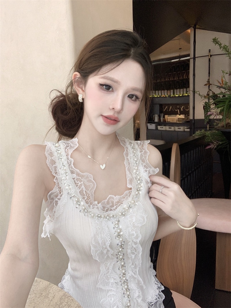 실사 프랑스식 단색 디자인 센스 비틀림 행침 목 캐미솔 섹시함 백리스 맨위