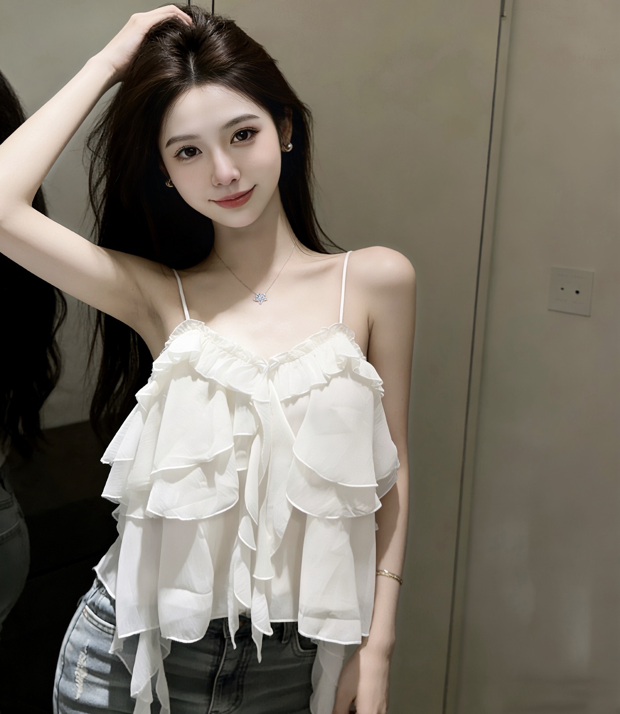 실사 슬립 불규칙 쉬폰 블라우스 디자인 센스 품격 술 맨위