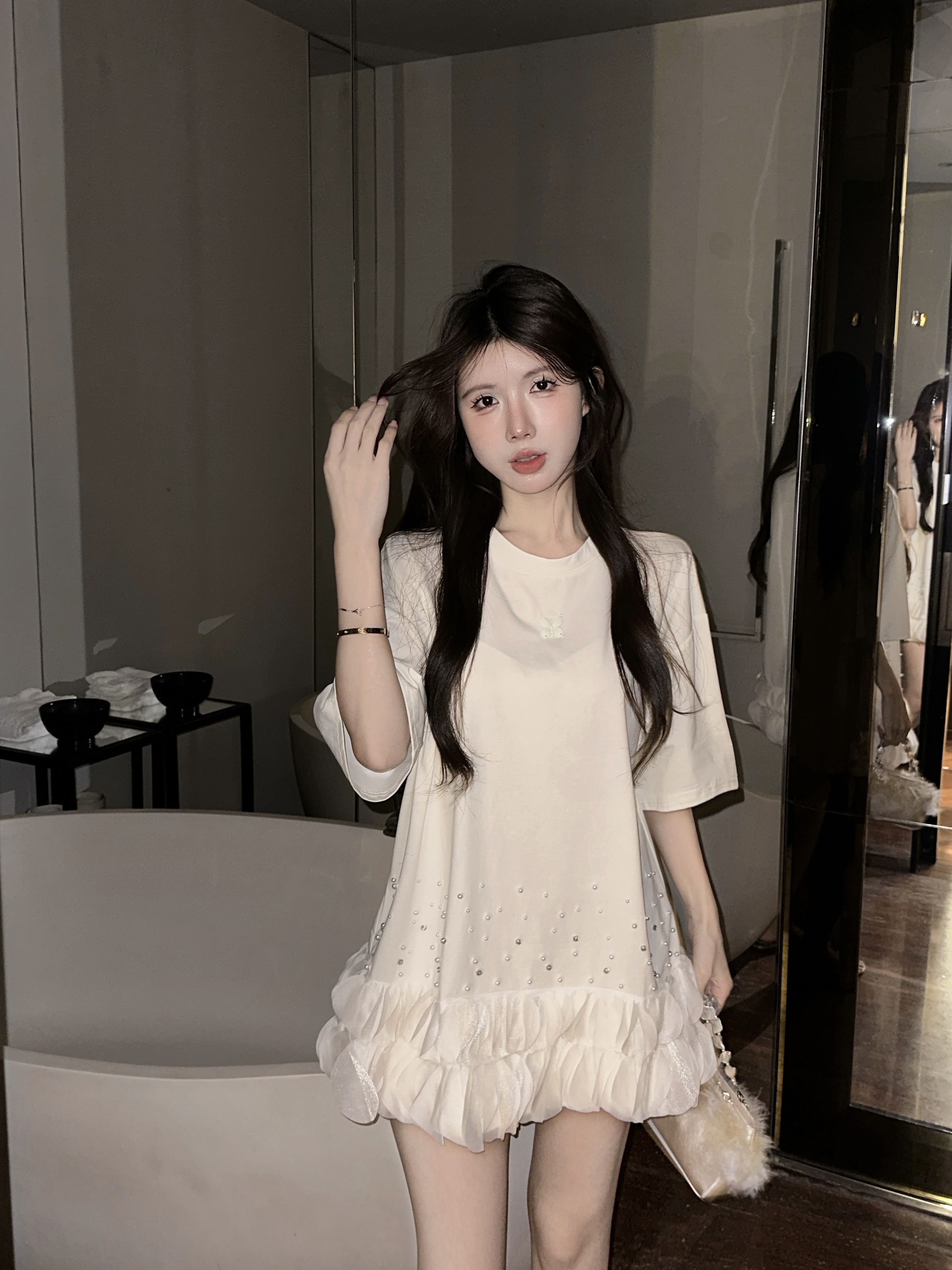 RY7195# 实拍重工水钻网纱拼接连衣裙女夏显瘦气质T恤