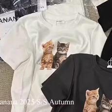 批发特<b class='q'>大码</b>300斤<b class='q'>韩版</b>猫咪印花圆领短袖T恤女早秋时尚休闲宽松慵懒上衣
