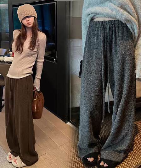 임산부 바지 가을 겨울철 외출용 캐주얼 펌프 로프 스트레이트 와이드 레그 팬츠 하이웨이스트 연삭 털 느긋한 센스 롱 바지 봄 가을 여성