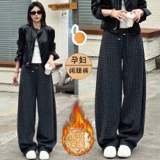 批发秋冬新款加绒保暖格纹阔腿裤休闲百搭格子裤高腰宽松显瘦弯刀裤女