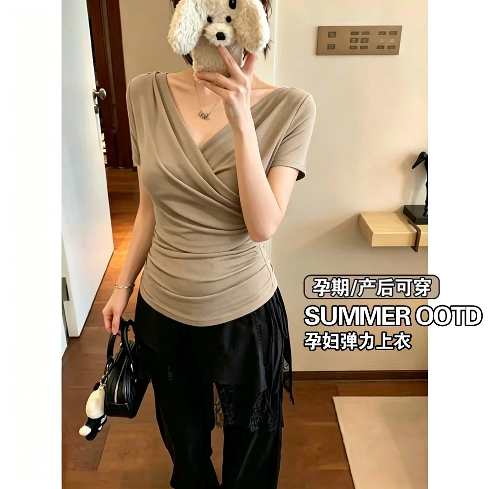 임산부 맨위 여름 얇은 스타일 반팔 십자가 V넥 티셔츠 높음 폭탄 몸매 가꾸기 슬림해 보이는 다용도 기본 셔츠 디자인 센스 여성