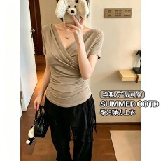 批发孕妇上衣夏季薄款短袖交叉V领T恤高弹修身显瘦百搭打底衫设计感女