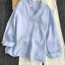批发法式蓝色小立领亚麻防晒<b class='q'>衬衫</b>外套女夏季薄款时尚减龄<b class='q'>棉麻</b>开衫上衣
