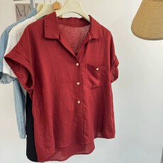 批发<b class='q'>亚麻</b>轻薄短袖衬衫女2026夏季松弛感翻领设计感小飞袖通勤气质衬衣