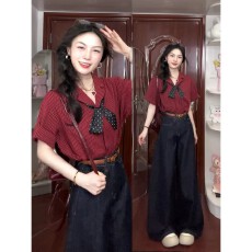 批发小众设计感条纹短袖衬衫女夏2026新款洋气小衫宽松休闲西装领上衣