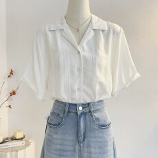 批发复古法式古巴领白色短袖衬衫女2026夏季<b class='q'>薄</b>款宽松休闲衬衣通勤上衣