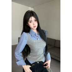 批发<b class='q'>实拍</b>美式辣妹假两件格子拼接<b class='q'>衬衫</b>收腰显瘦通勤翻领长袖上衣女