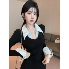 批发<b class='q'>实拍</b>法式复古撞色波点翻领假两件加绒百搭修身长袖<b class='q'>衬衫</b>上衣<b class='q'>T</b><b class='q'>恤</b>女