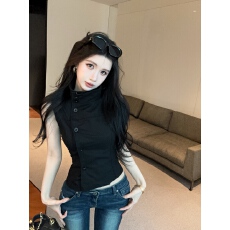 批发辣妹复古中古立领原宿纯色纽扣<b class='q'>马甲</b>收腰正肩显瘦气质无袖上衣女