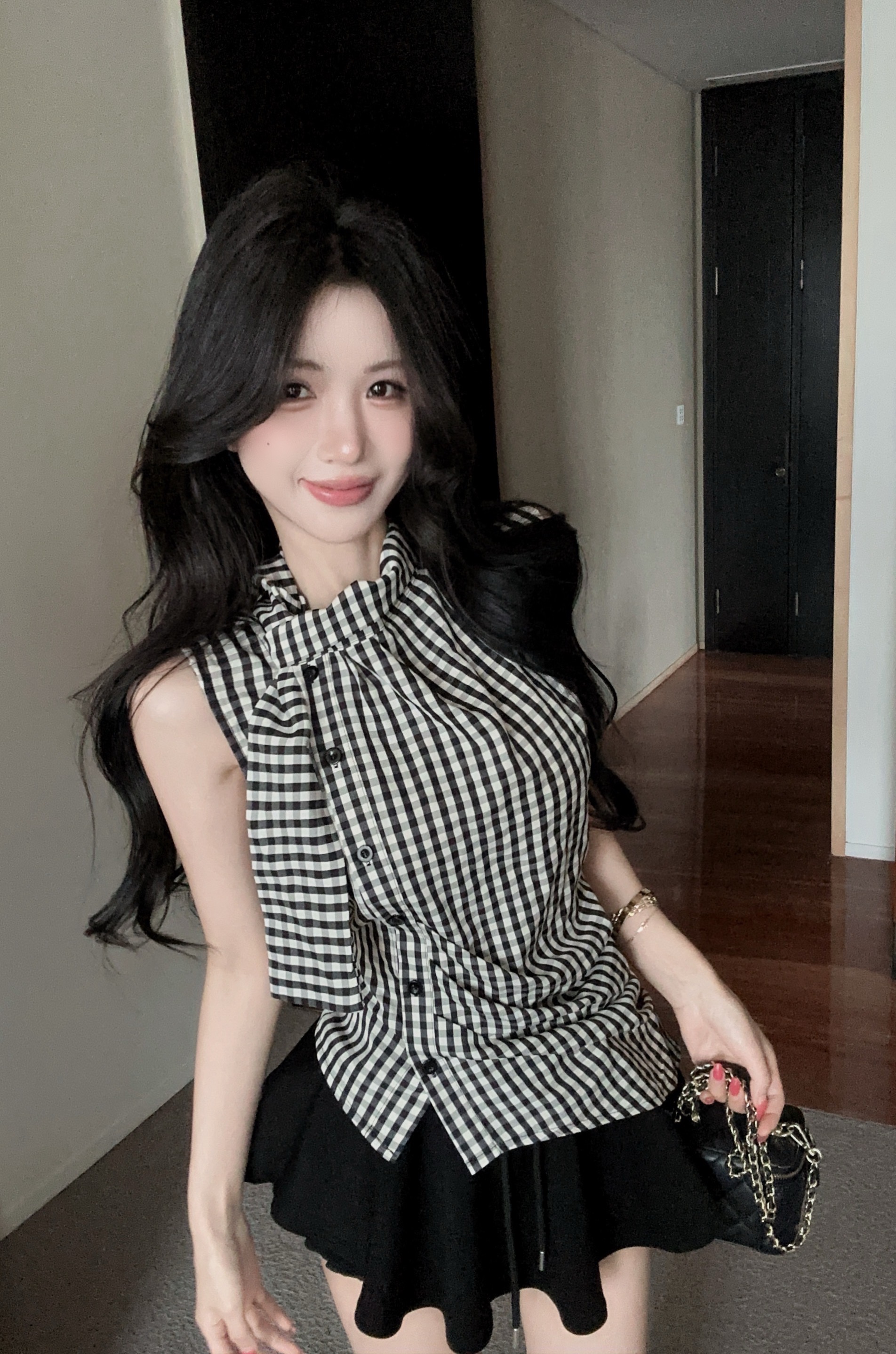 실사 레트로 체크무늬 나비 넥타이 허리 수축 주름 디자인 센스 슬림해 보이는 민소매 조끼 품격 맨위 여성