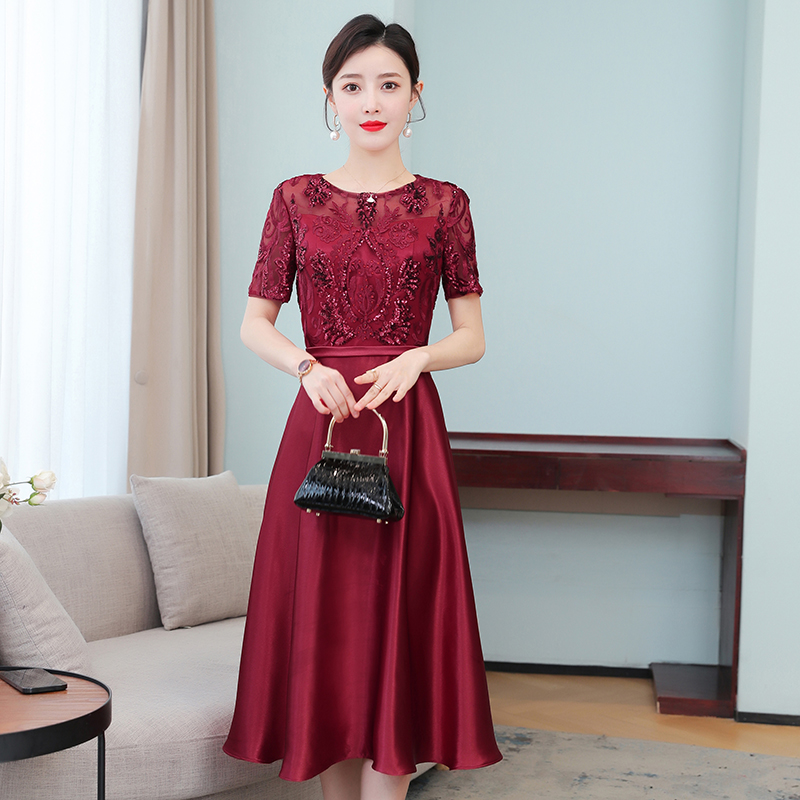 MY70167# 新款中长款妈妈连衣裙婚宴穿优雅显瘦喜婆婆装年轻款贵气女裝...