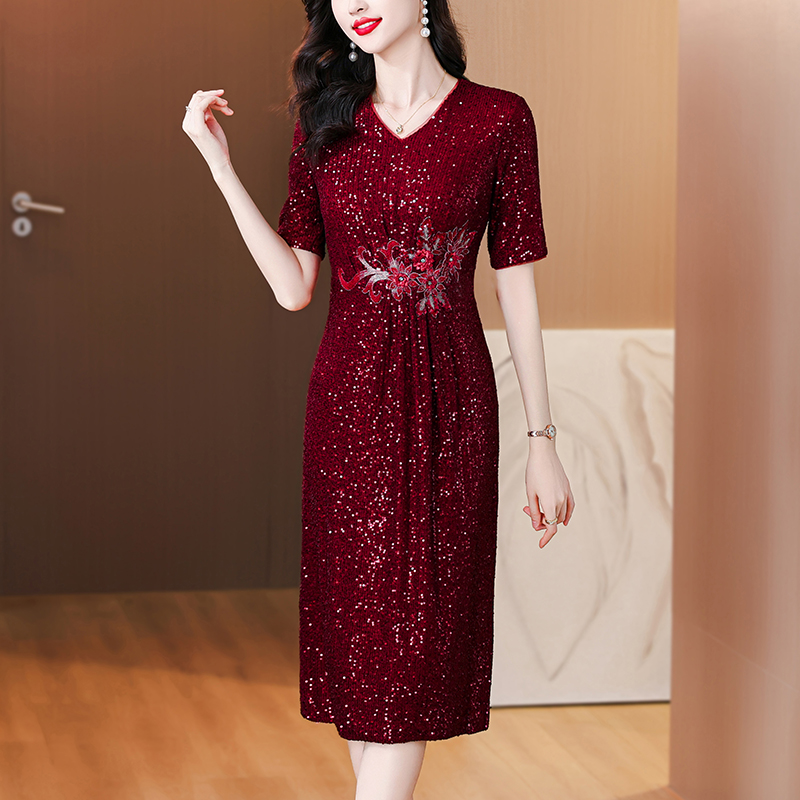 MY70164# 女装连衣裙新款酒红色绣花亮片优雅气质大码显瘦轻奢妈妈婚礼...
