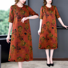 批发<b class='q'>连衣裙</b>2025秋新品<b class='q'>桑蚕丝</b>香云纱印花文艺复古改良旗袍中长五分袖裙