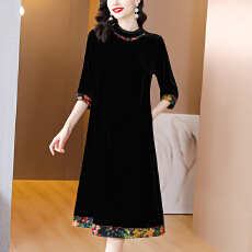 批发真丝绒<b class='q'>连衣裙</b>2025年新款<b class='q'>桑蚕丝</b>丝绒高端妈妈中老年真丝金丝绒