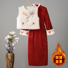 批发2025新中式红色<b class='q'>旗袍</b>马甲套装国风冬季加绒加厚日常改良女年轻