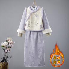 批发冬季紫色旗袍马甲套装加绒加厚冬装女新中式国风<b class='q'>连衣裙</b>新年战袍