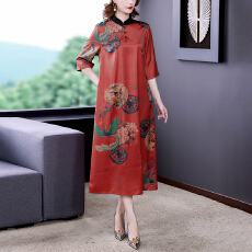 批发2026春季新款桑蚕丝<b class='q'>真丝</b>香云纱<b class='q'>连衣裙</b>简约小立领中袖宽松腰A字裙