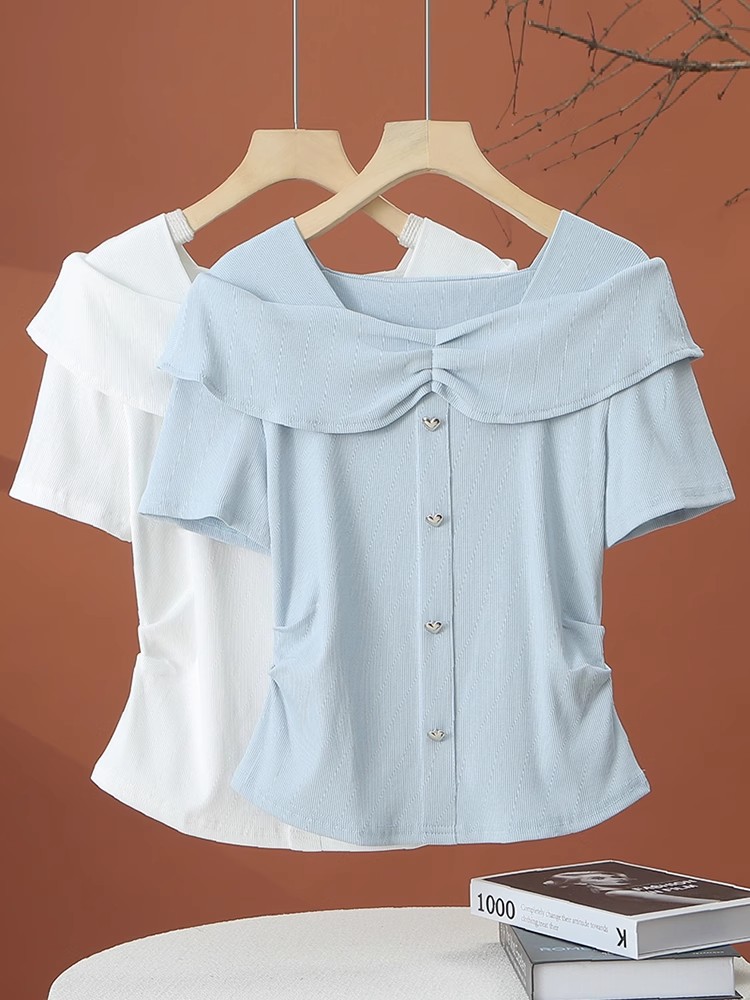 FA35130# 酷丝爽棉螺荷叶领短袖t恤女夏时尚短款方领上衣 服裝批發女裝批發服飾貨源