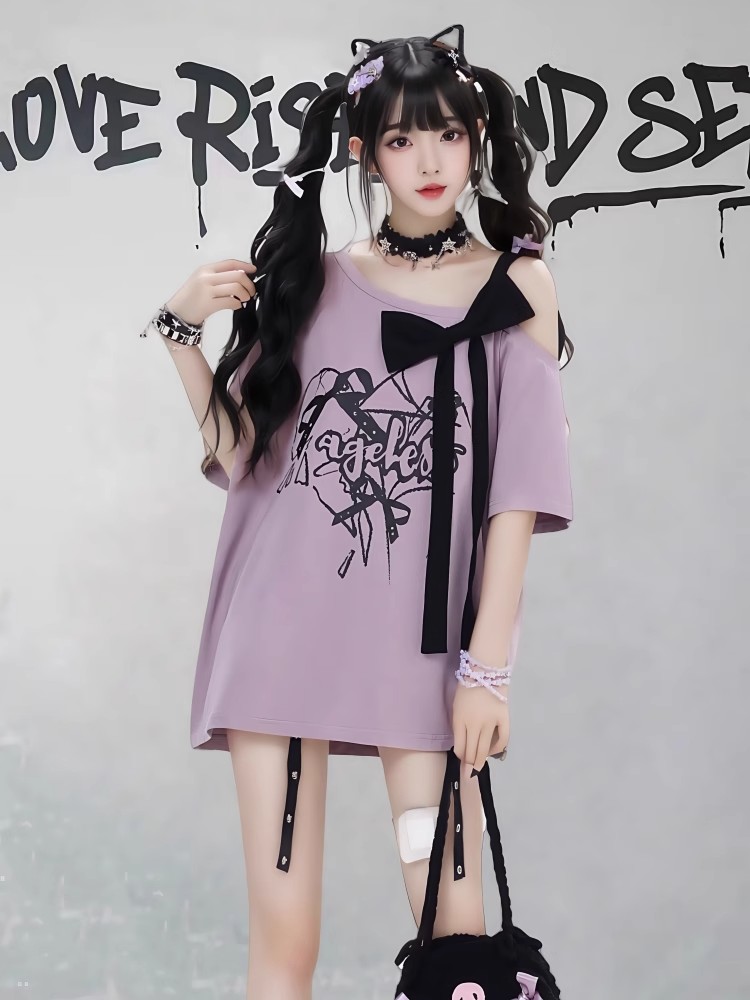 FA35145# 酷丝爽棉螺纹性感露肩短袖t恤女夏宽松显瘦蝴蝶结上衣 服裝批發女裝批發服飾貨源