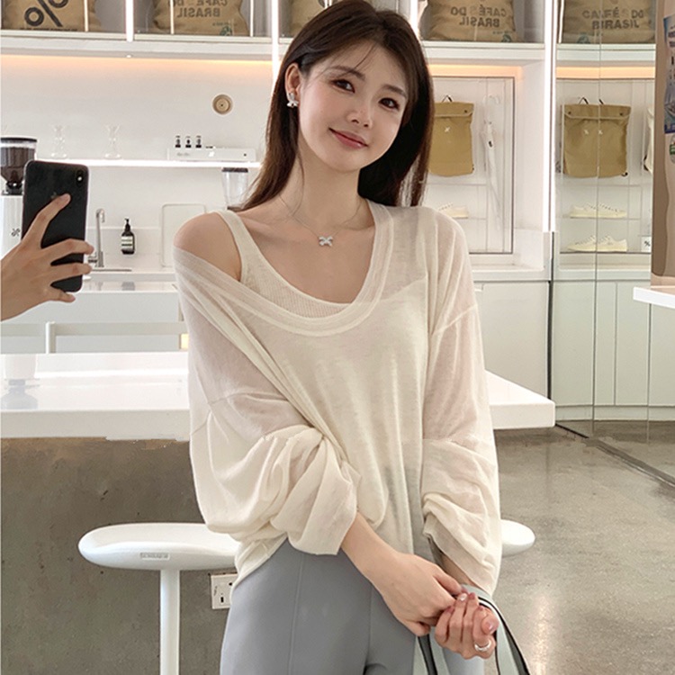 FA35142# 法式温柔风薄如禅意白色宽松针织衫两件套女夏仿亚麻薄款T恤套装 服裝批發女裝批發服飾貨源