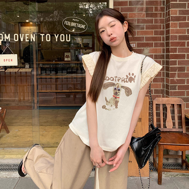 FA35143# 原版美式复古印花短袖女t恤夏新款宽松小众正肩小飞袖上衣 服裝批發女裝批發服飾貨源