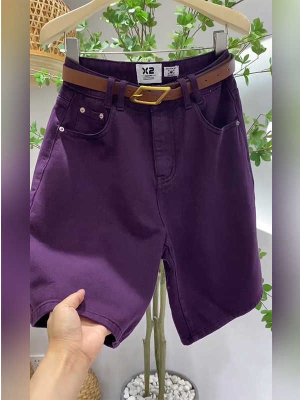 FA35132# 原版做法抖音质量葡萄紫牛仔春夏季款高腰显瘦弹力阔腿裤子五分裤 服裝批發女裝批發服飾貨源