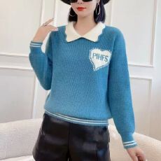 批发2025秋冬新款<b class='q'>韩版</b>宽松显瘦拼色娃娃领针织打底衫女毛衣套头上衣