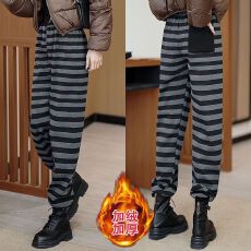 批发欧货加厚宽松条纹休闲裤子女秋冬款小个子运动哈伦束脚高腰卫裤子