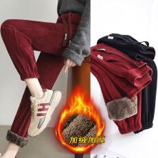 批发安格拉红裤子女oversize宽松大码2025秋冬新款加绒加厚束脚休闲裤