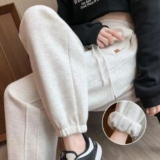 批发白灰色<b class='q'>运动</b>裤女春秋2025新款休闲秋冬加绒小个子美式宽松束脚卫裤