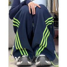 批发纯棉华棉复合美式条纹<b class='q'>街头</b>撞色复古裤男女新款抽绳垂感休闲裤长裤