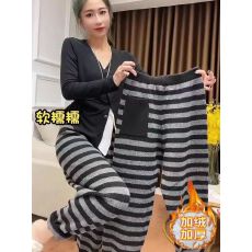 批发法式设计感条纹束脚休闲裤子<b class='q'>女</b>秋冬款小个子加绒加厚高腰哈伦卫裤