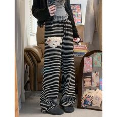 批发加绒加厚毛绒小狗条纹休闲裤冬季新款高腰显瘦阔腿裤<b class='q'>长</b>裤<b class='q'>女</b>