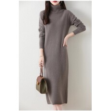 批发高翻领纯羊毛<b class='q'>连衣裙</b>女针织直筒宽松显瘦打底毛衣裙过膝中长羊绒裙