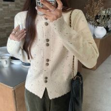 批发2025春秋新款休闲针织衫女花边圆领点点砂毛衣开衫短<b class='q'>外套</b>上衣