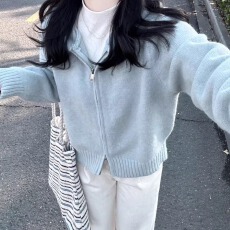 批发蓝色连帽针织衫春装<b class='q'>外套</b>女秋冬季宽松慵懒风拉链毛衣开衫短款上衣