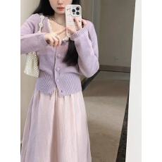 批发温柔风秋冬紫色<b class='q'>蕾丝</b>花边针织开衫外套女小香风毛衣外穿长袖上衣