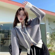 批发双向拉链针织开衫上衣女<b class='q'>春</b>秋洋气外穿设计感小众撞色高领毛衣外套