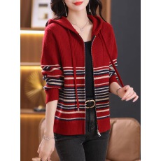 批发2025秋冬装新款连帽卫衣拉链针织外套女开衫条纹羊毛衫宽松<b class='q'>大码</b>