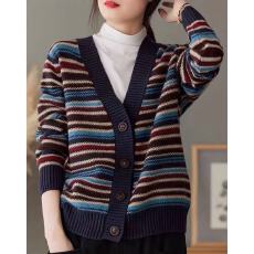 批发2025秋装新款<b class='q'>韩版</b>百搭宽松V领彩色条纹毛衣开衫针织衫外套上衣女