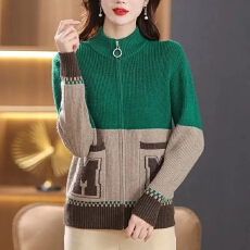 批发春秋新款百搭拼色宽松提花外穿口袋<b class='q'>开衫</b>拉链外套女<b class='q'>短款</b>立领针织衫