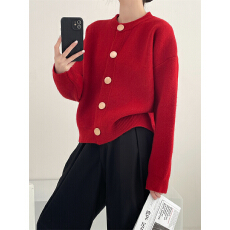 批发设计感单排扣纯色针织毛衣外套开衫慵懒宽松圆领秋冬上衣